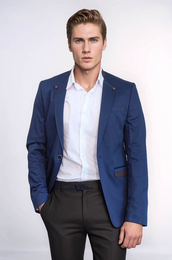 WSS Single Button Standing Collar Navy Blue Men Blazer  - Aranjuez
