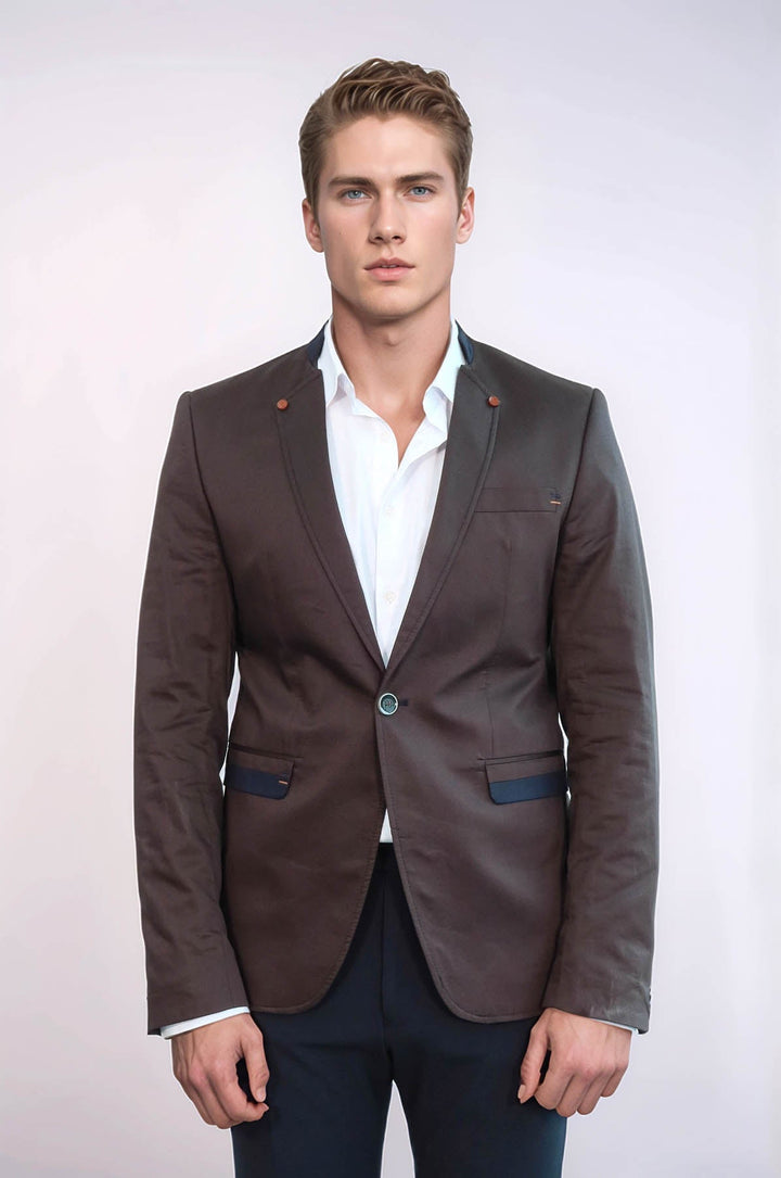 WSS Single Button Standing Collar Brown Men Blazer  - Freiberg
