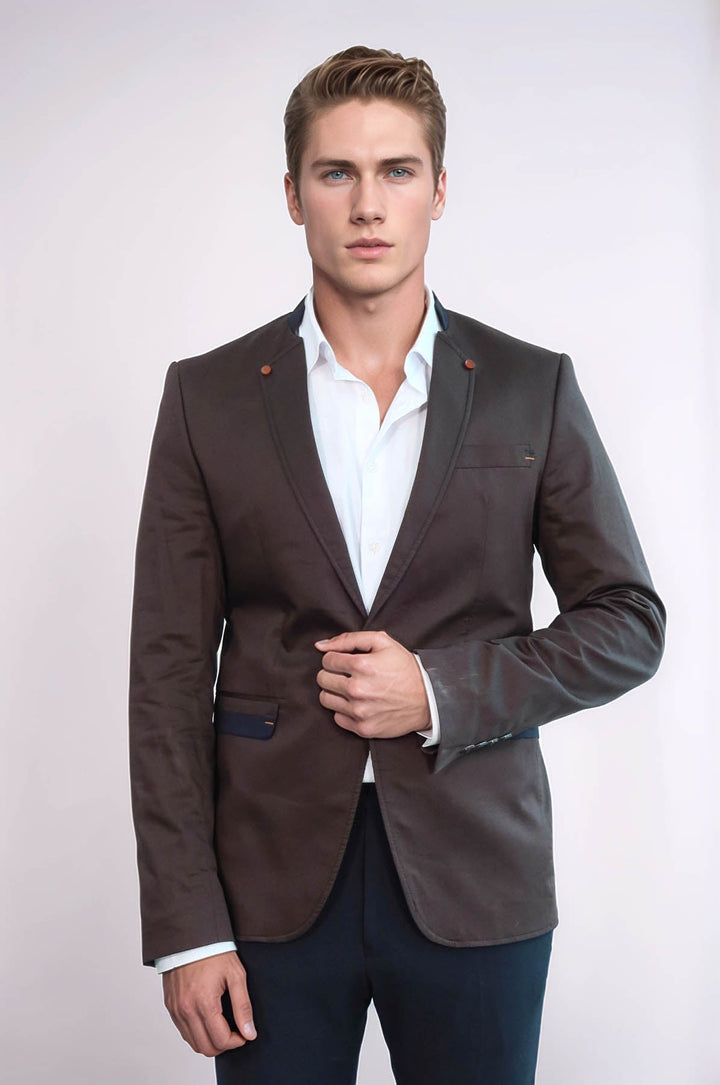 WSS Single Button Standing Collar Brown Men Blazer  - Freiberg