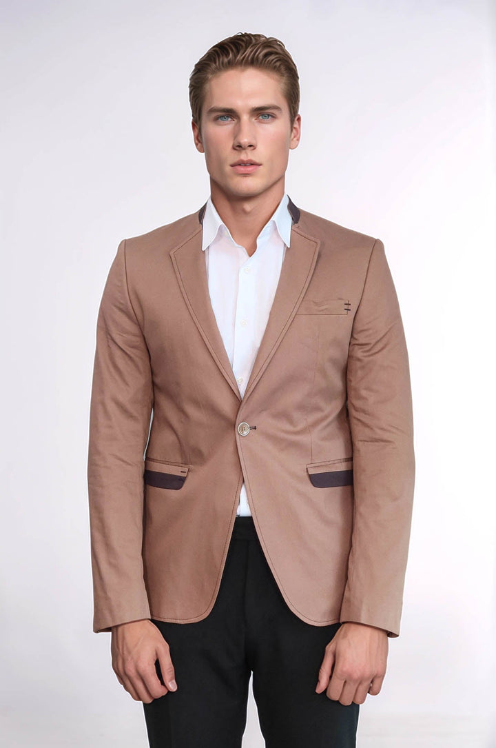 WSS Single Button Standing Collar Beige Men Blazer  - Florissant