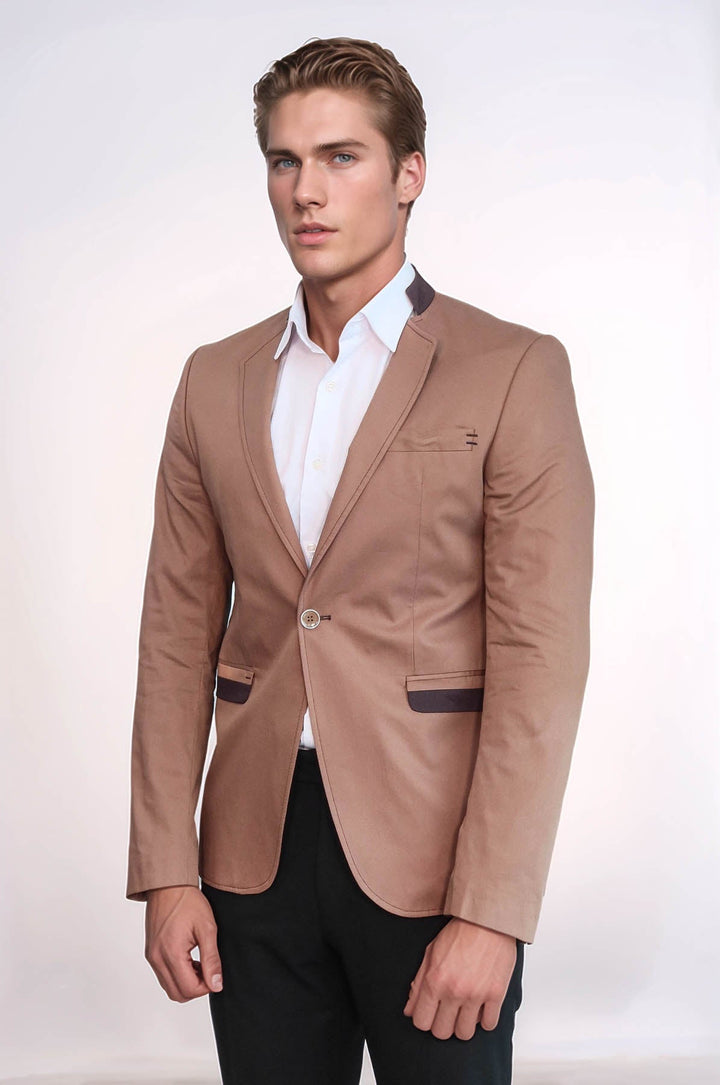 WSS Single Button Standing Collar Beige Men Blazer  - Florissant