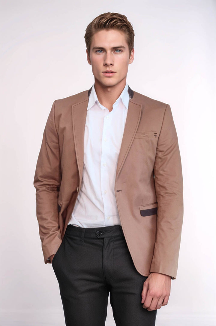 WSS Single Button Standing Collar Beige Men Blazer  - Florissant