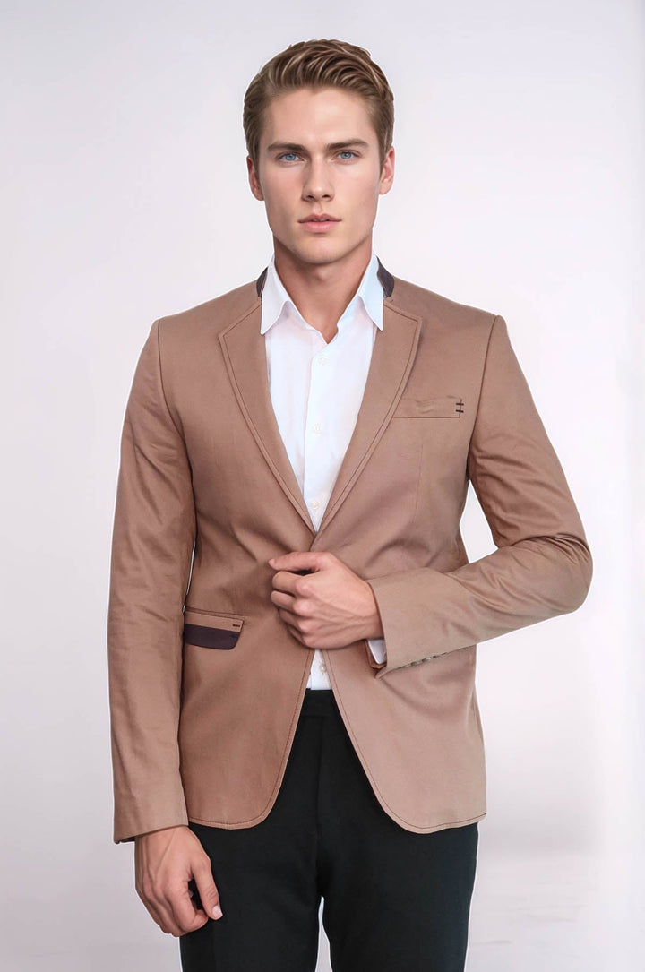WSS Single Button Standing Collar Beige Men Blazer  - Florissant