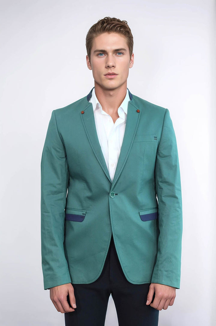 WSS Single Button Standing Collar Green Men Blazer  - Valley Stream