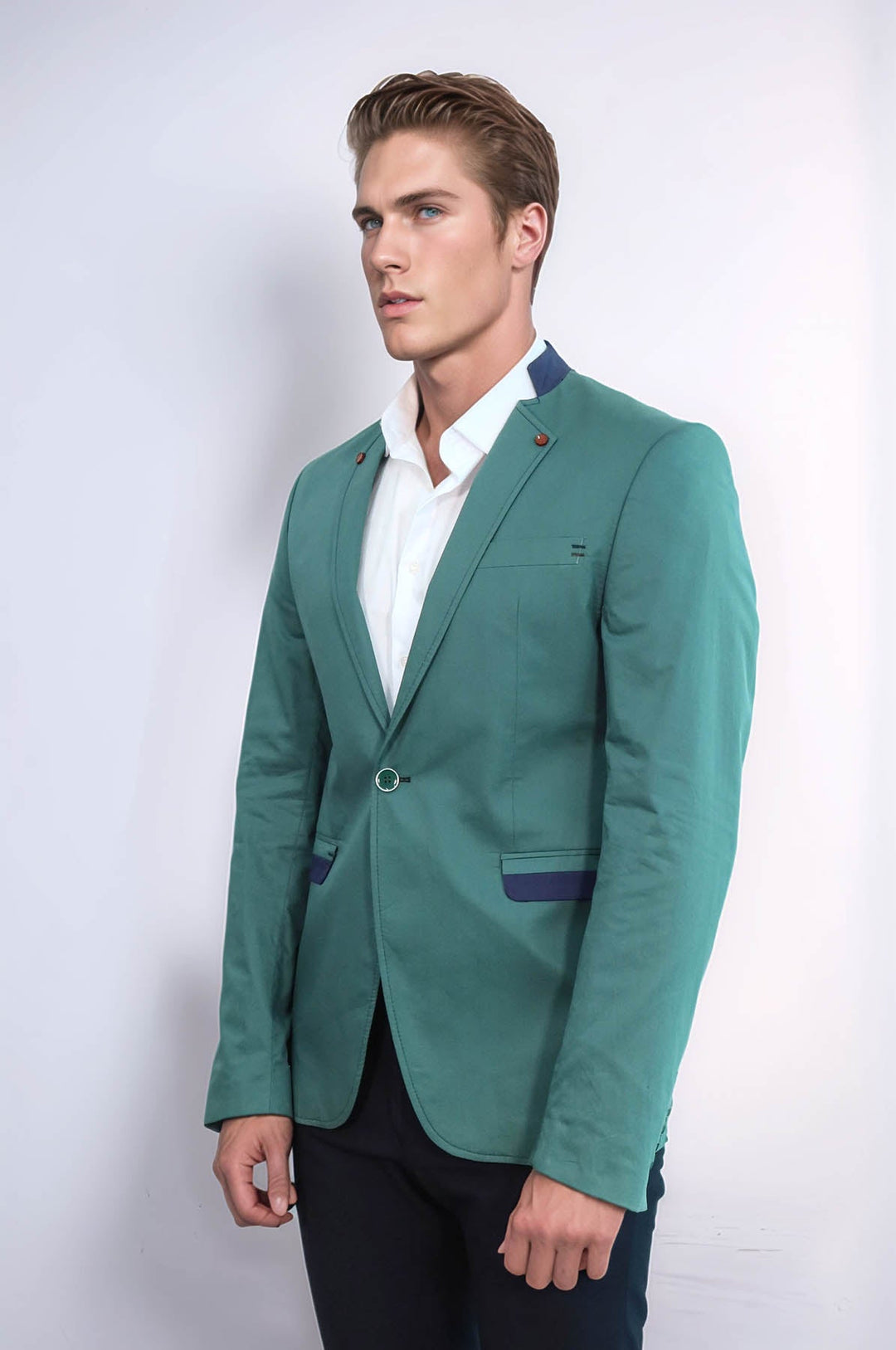 WSS Single Button Standing Collar Green Men Blazer  - Valley Stream