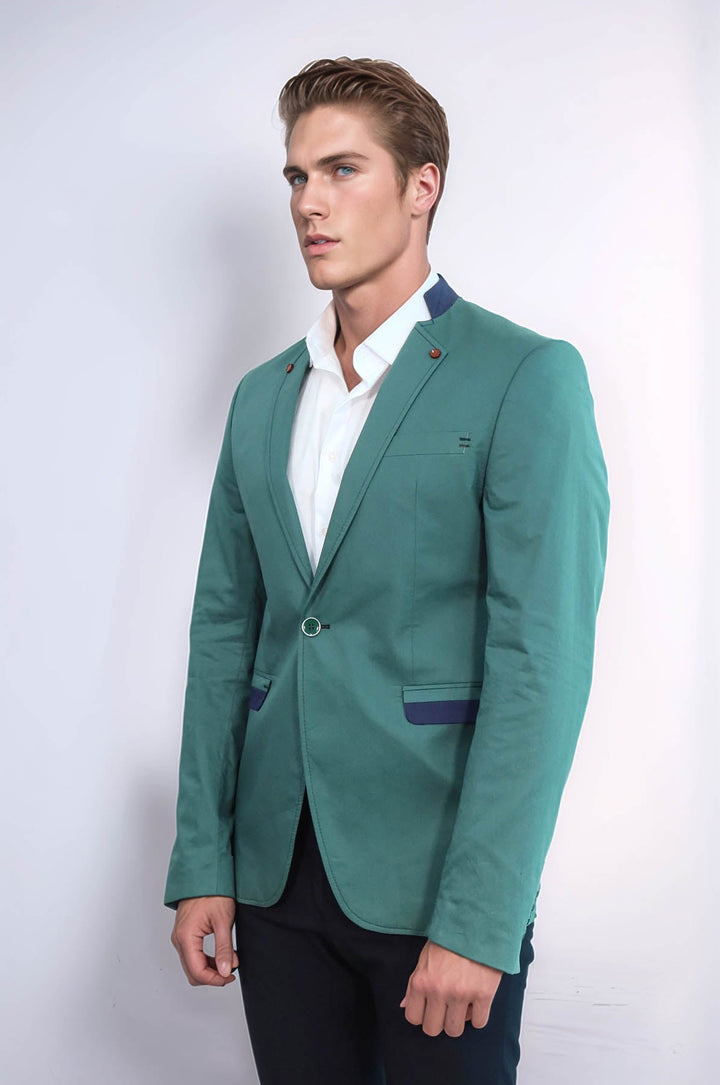 WSS Single Button Standing Collar Green Men Blazer  - Valley Stream