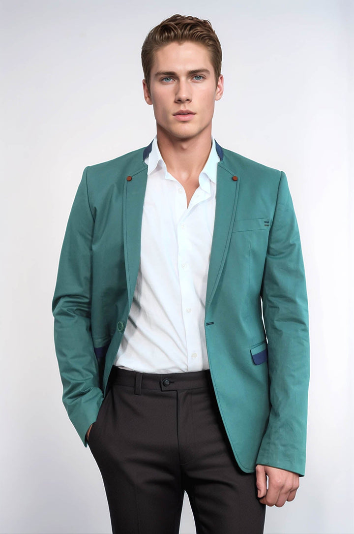 WSS Single Button Standing Collar Green Men Blazer  - Valley Stream