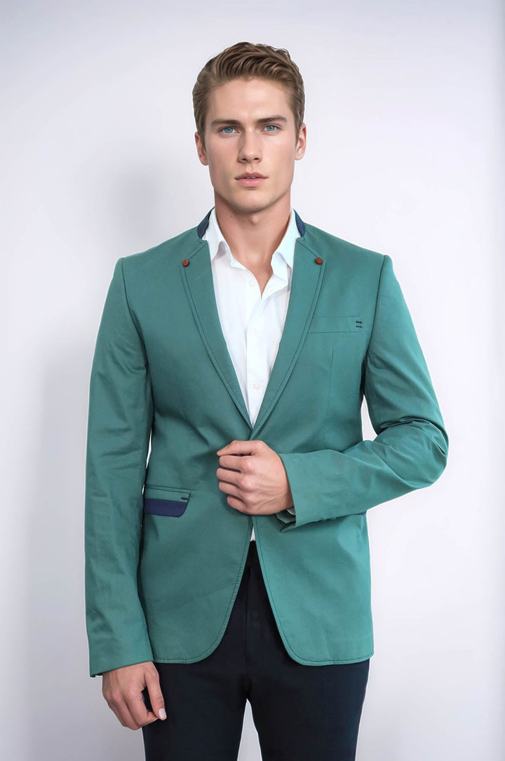 WSS Single Button Standing Collar Green Men Blazer  - Valley Stream