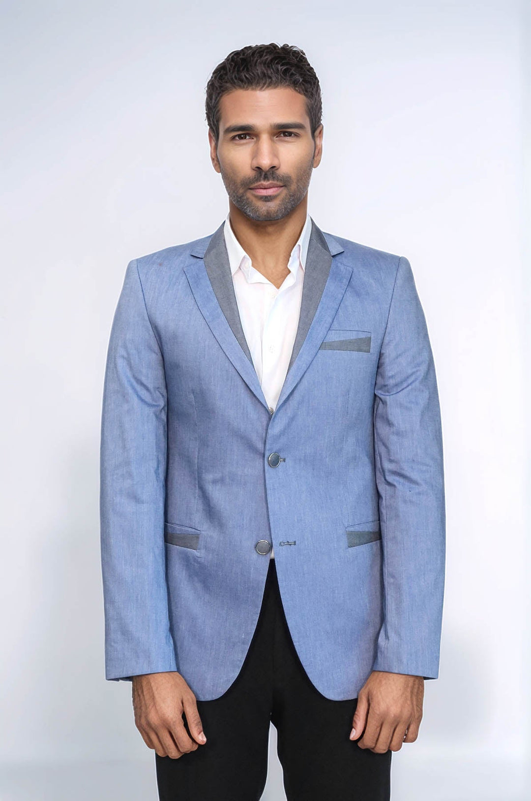 WSS 3 Pockets 2 Buttons Cross Piping Light Blue Jacket- - Lehigh Acres