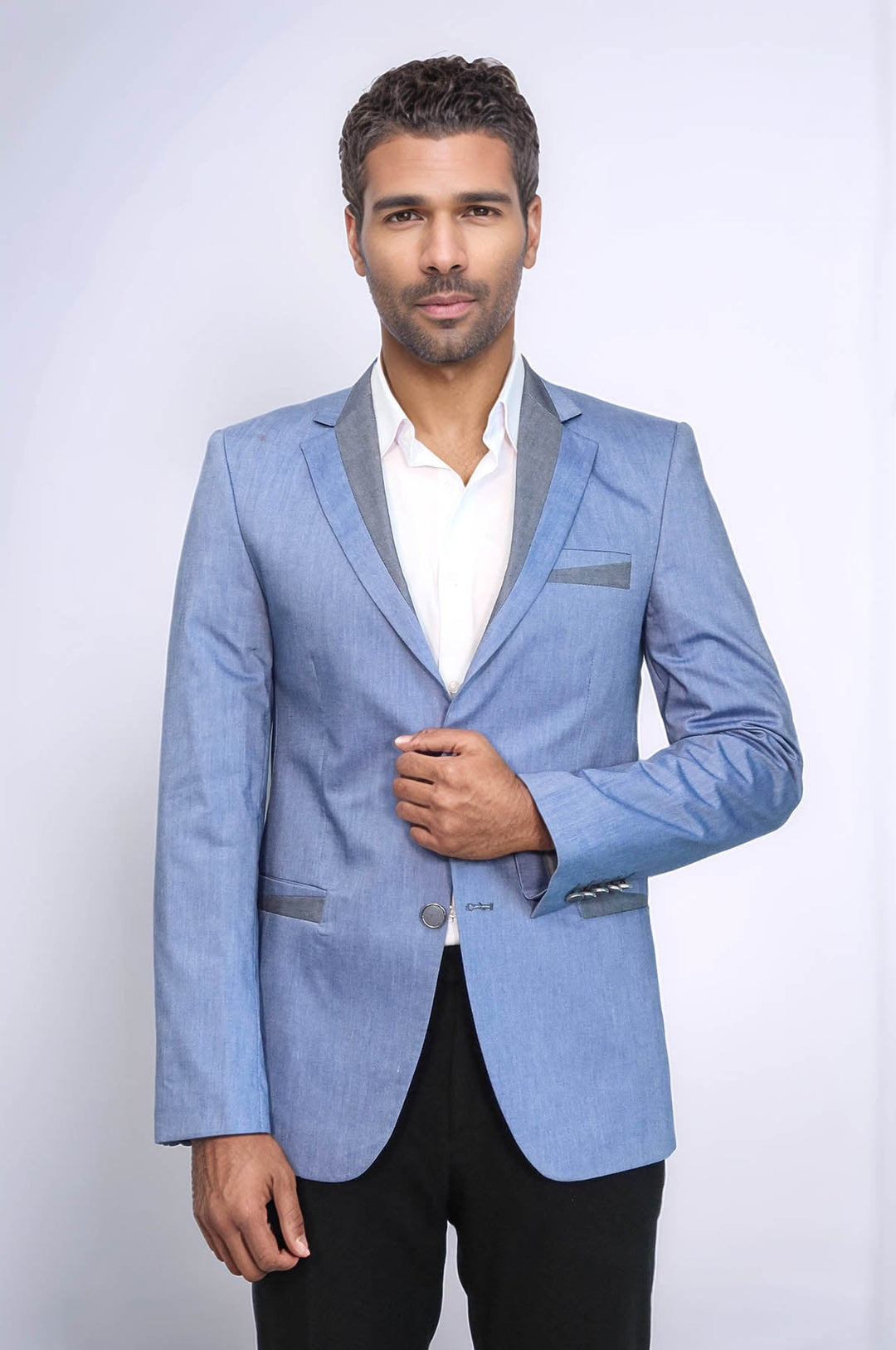 WSS 3 Pockets 2 Buttons Cross Piping Light Blue Jacket- - Lehigh Acres