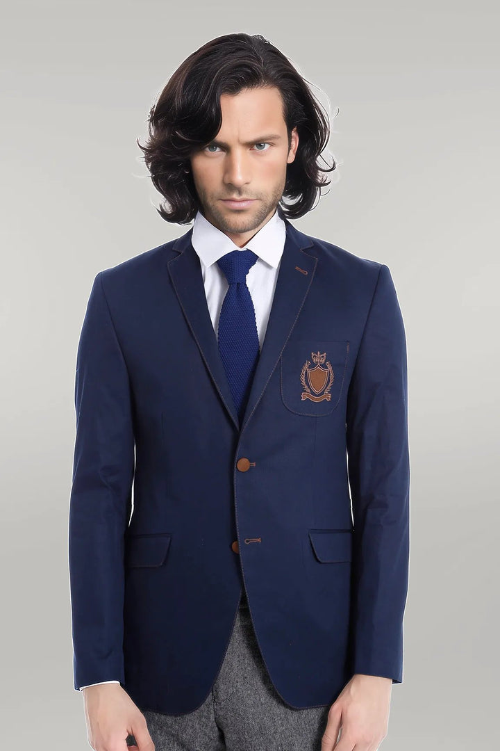 WSS 2 Buttons 3 Pockets Crested Cotton Blue Jacket  - Singen
