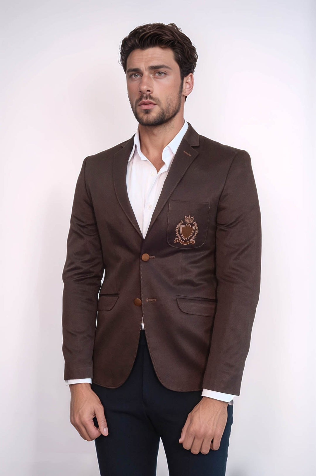 WSS 2 Buttons 3 Pockets Crested Cotton Brown Jacket - Bletchley