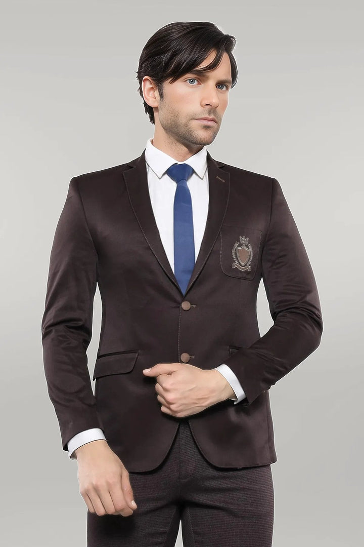 WSS 2 Buttons 3 Pockets Crested Cotton Brown Jacket - Singen