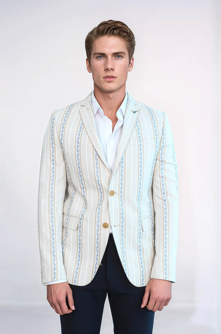 WSS Stripped Beige Slim Fit Blazer  - Jacona de Plancarte