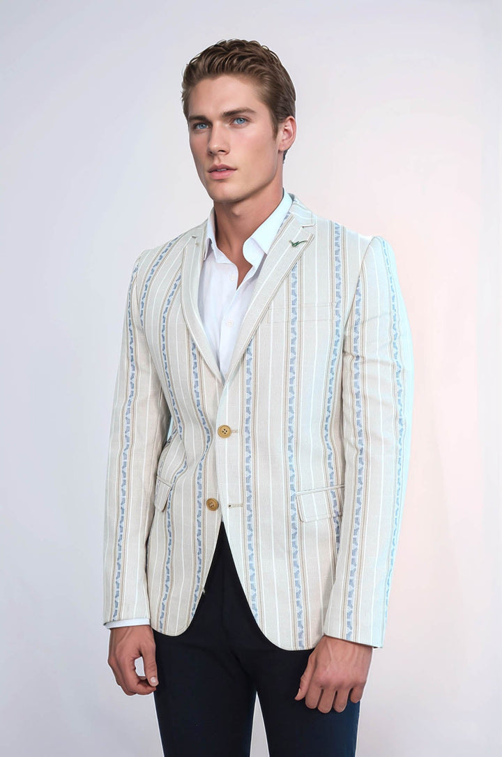 WSS Stripped Beige Slim Fit Blazer  - Jacona de Plancarte