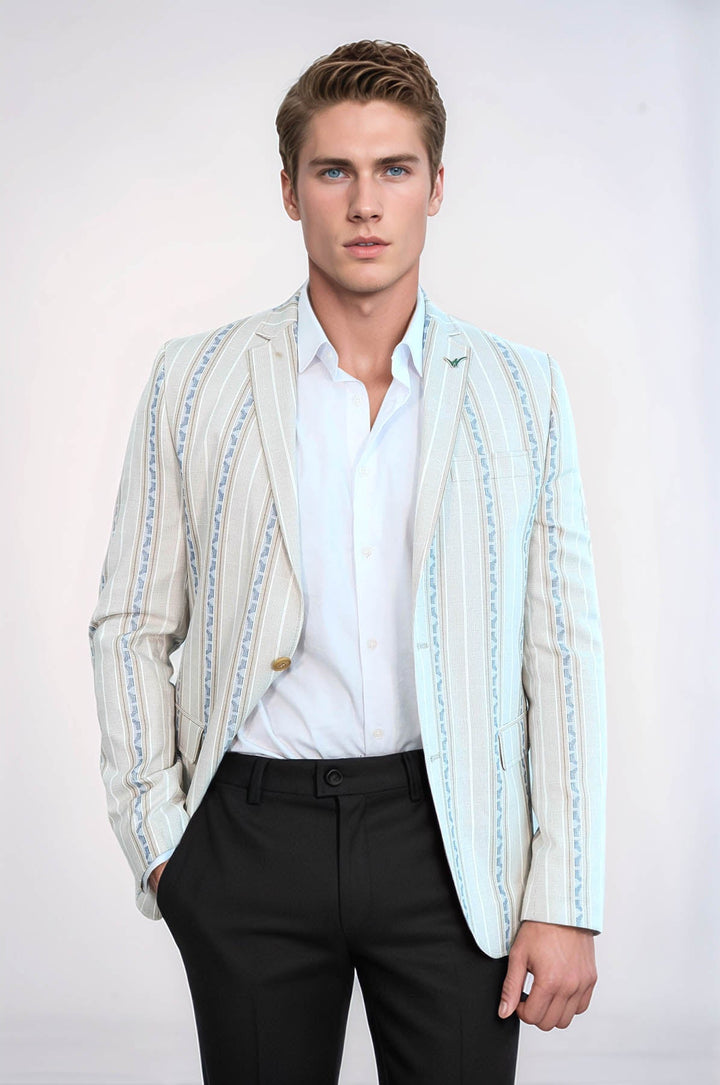 WSS Stripped Beige Slim Fit Blazer  - Jacona de Plancarte