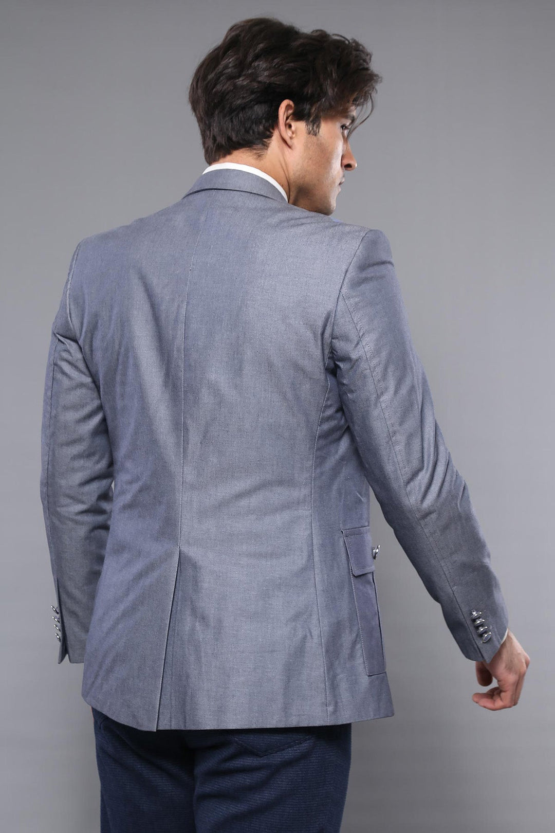 WSS Double Button Bag Pocket Pointed Collar Dark Blue Jacket- - Imola