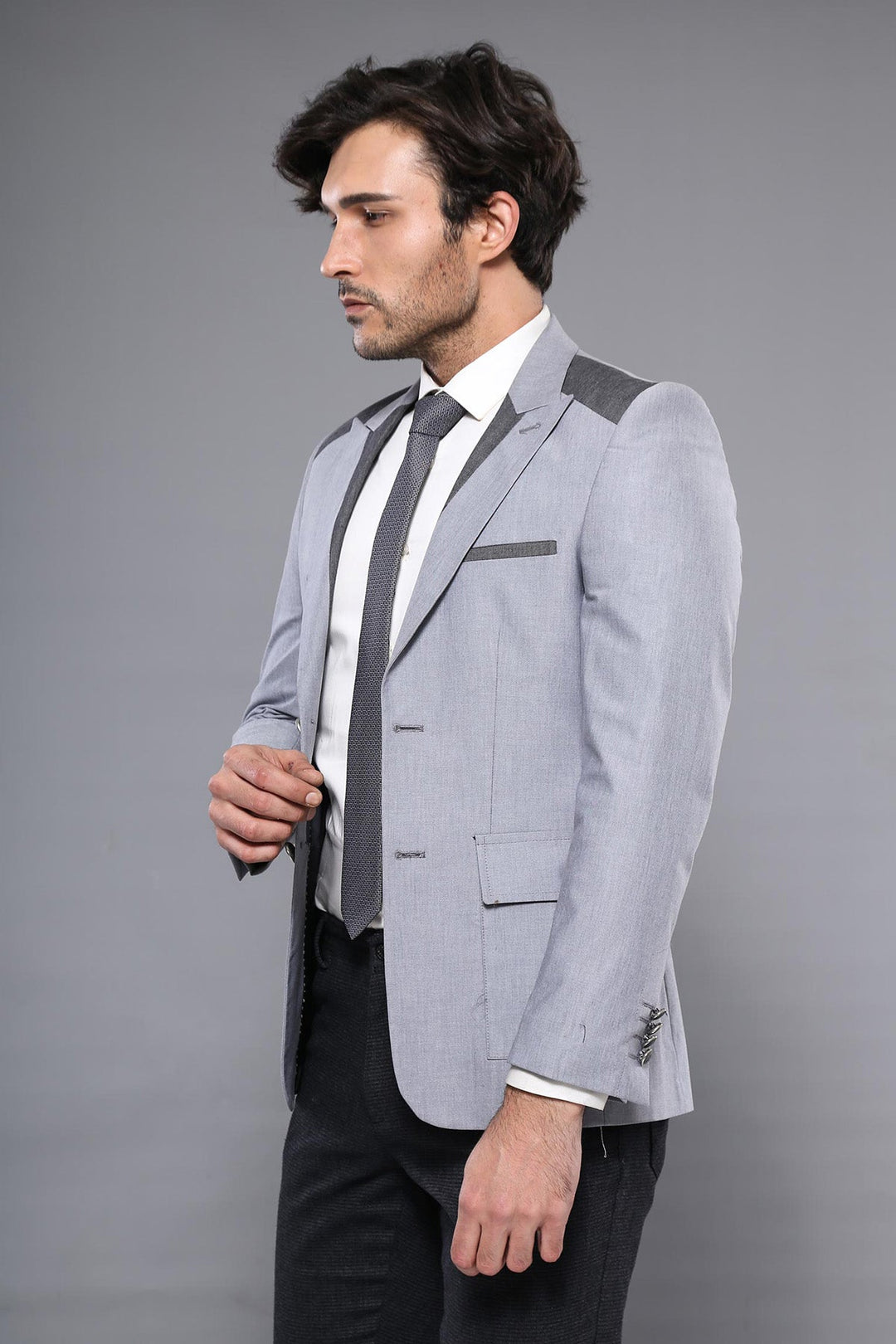 WSS Double Button Bag Pocket Pointed Collar Light Grey Jacket- - Alba Iulia