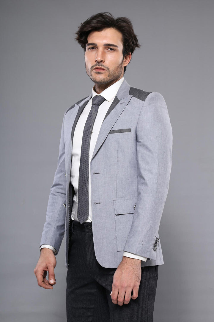 WSS Double Button Bag Pocket Pointed Collar Light Grey Jacket- - Alba Iulia