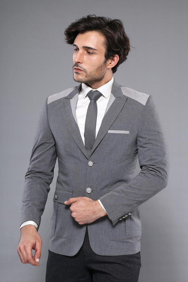 WSS Double Button Bag Pocket Pointed Collar Grey Jacket- - Middletown