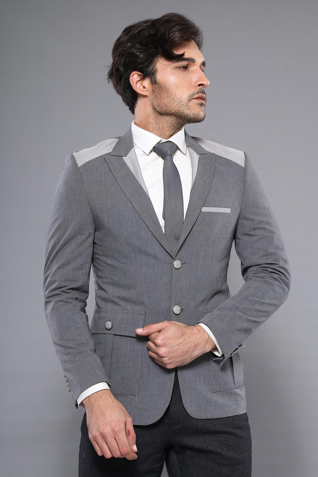 WSS Double Button Bag Pocket Pointed Collar Grey Jacket- - Middletown