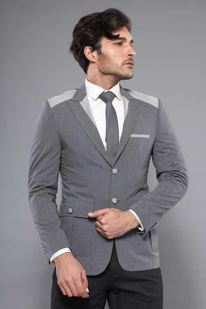 WSS Double Button Bag Pocket Pointed Collar Grey Jacket- - Middletown
