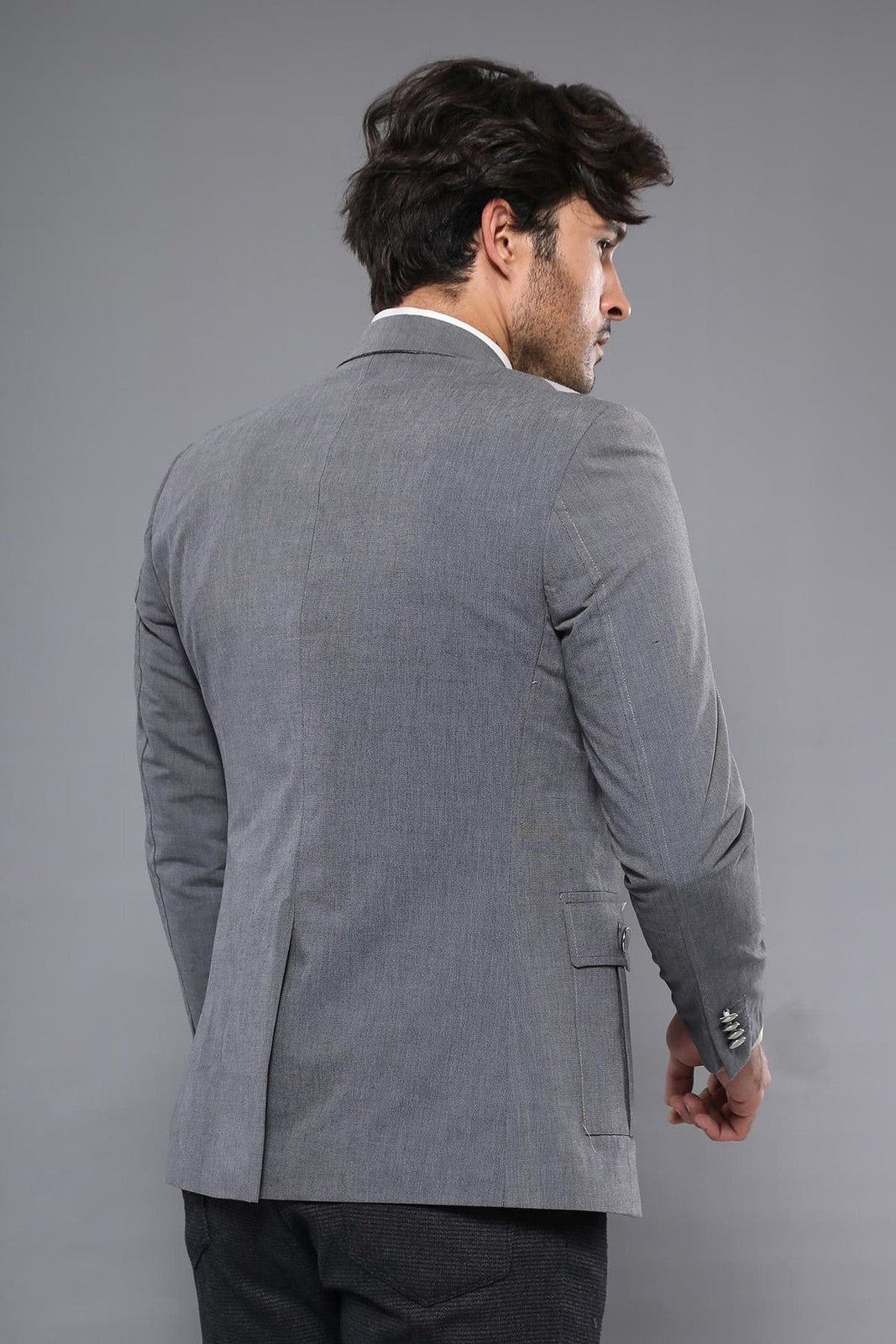 WSS Double Button Bag Pocket Pointed Collar Grey Jacket- - Middletown