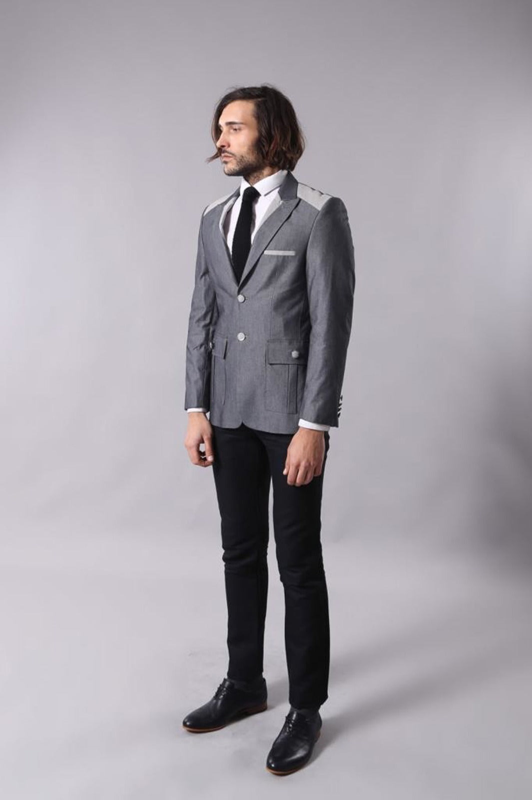 WSS Double Button Bag Pocket Pointed Collar Grey Jacket- - Antioch