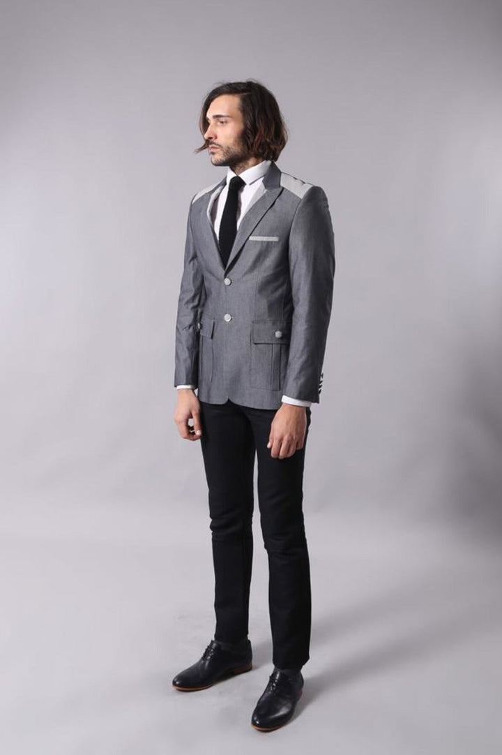 WSS Double Button Bag Pocket Pointed Collar Grey Jacket- - Antioch