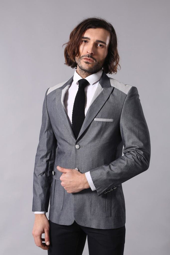 WSS Double Button Bag Pocket Pointed Collar Grey Jacket- - Antioch