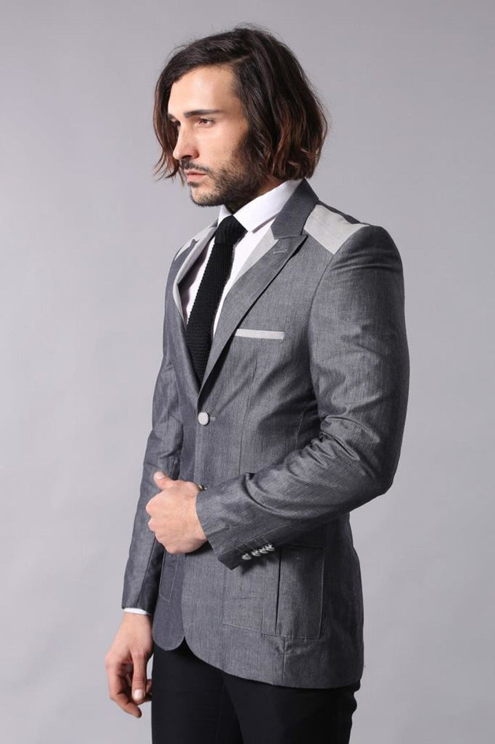 WSS Double Button Bag Pocket Pointed Collar Grey Jacket- - Waterloo