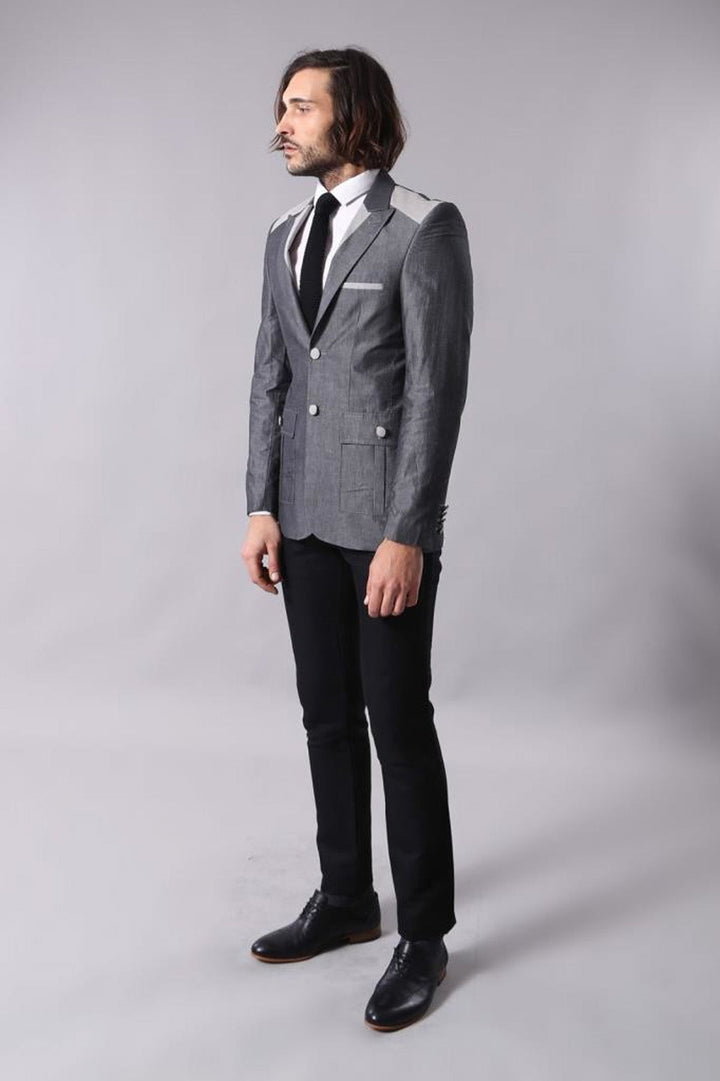 WSS Double Button Bag Pocket Pointed Collar Grey Jacket- - Waterloo