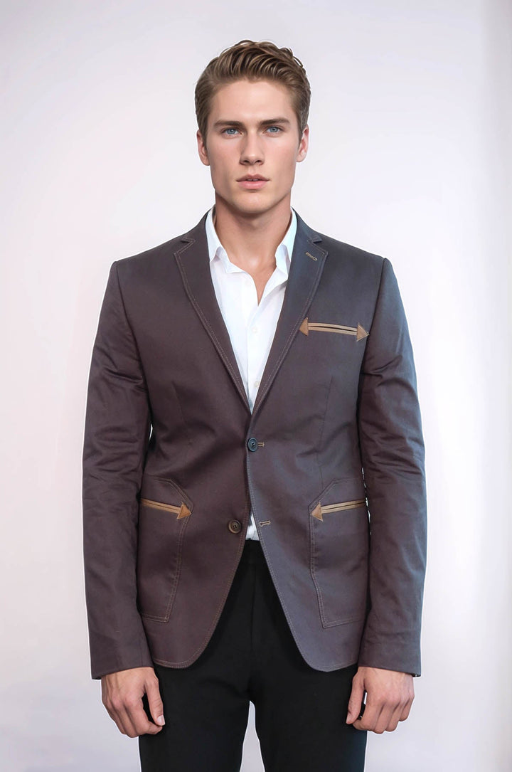 WSS Double Button Mono Lapel Bag Pocket Cotton Brown Jacket- - Towson
