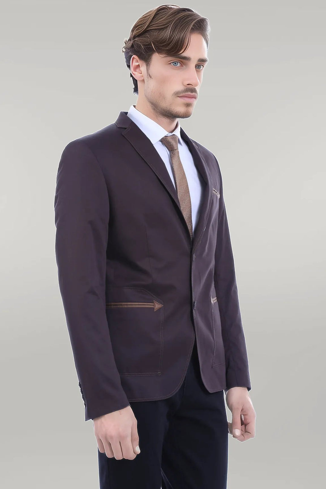 WSS Double Button Mono Lapel Bag Pocket Cotton Brown Jacket- - Singen