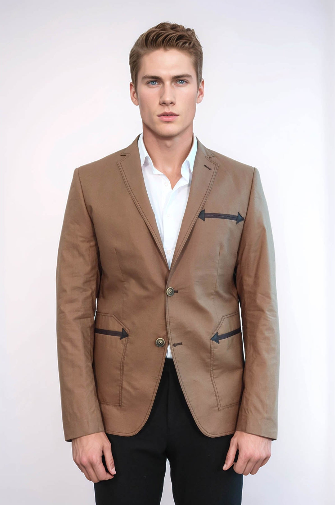 WSS Double Button Mono Lapel Bag Pocket Cotton Tan Jacket- - Hattiesburg