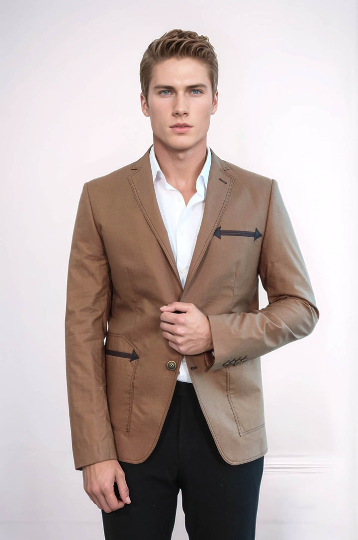 WSS Double Button Mono Lapel Bag Pocket Cotton Tan Jacket- - Hattiesburg