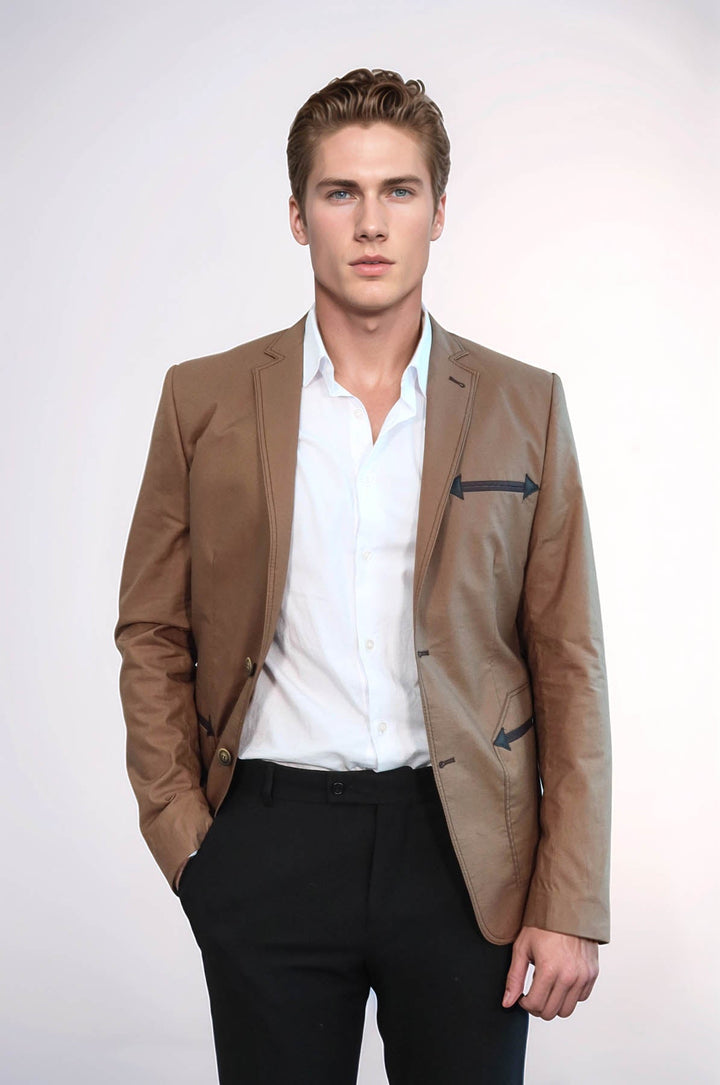 WSS Double Button Mono Lapel Bag Pocket Cotton Tan Jacket- - Hattiesburg