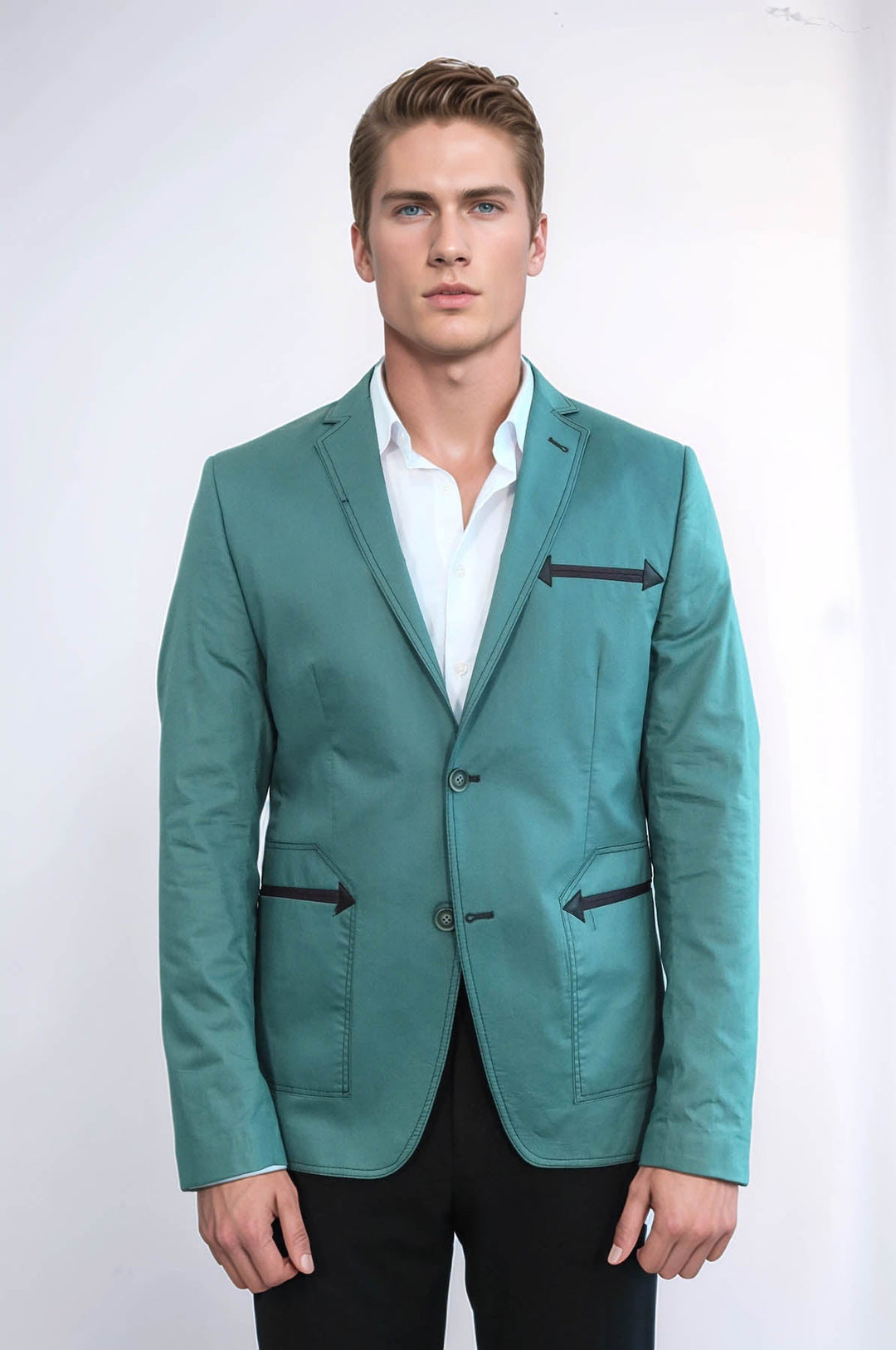 WSS Double Button Mono Lapel Bag Pocket Cotton Green Jacket- - Huntington