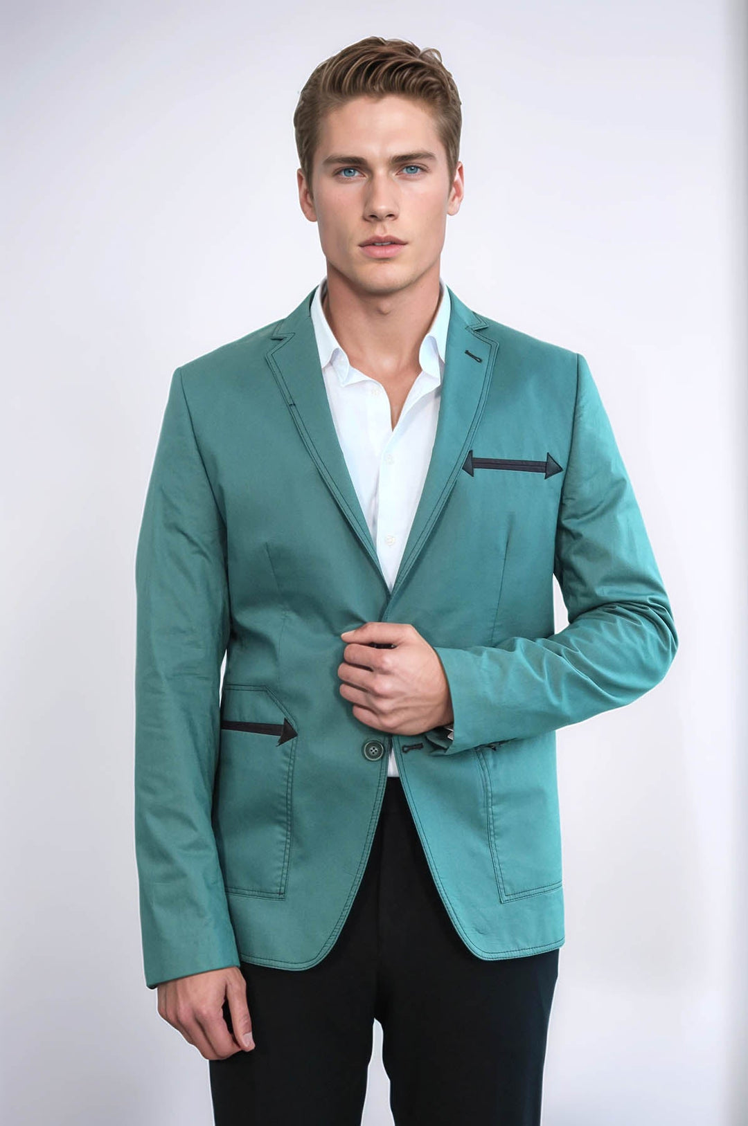 WSS Double Button Mono Lapel Bag Pocket Cotton Green Jacket- - Huntington