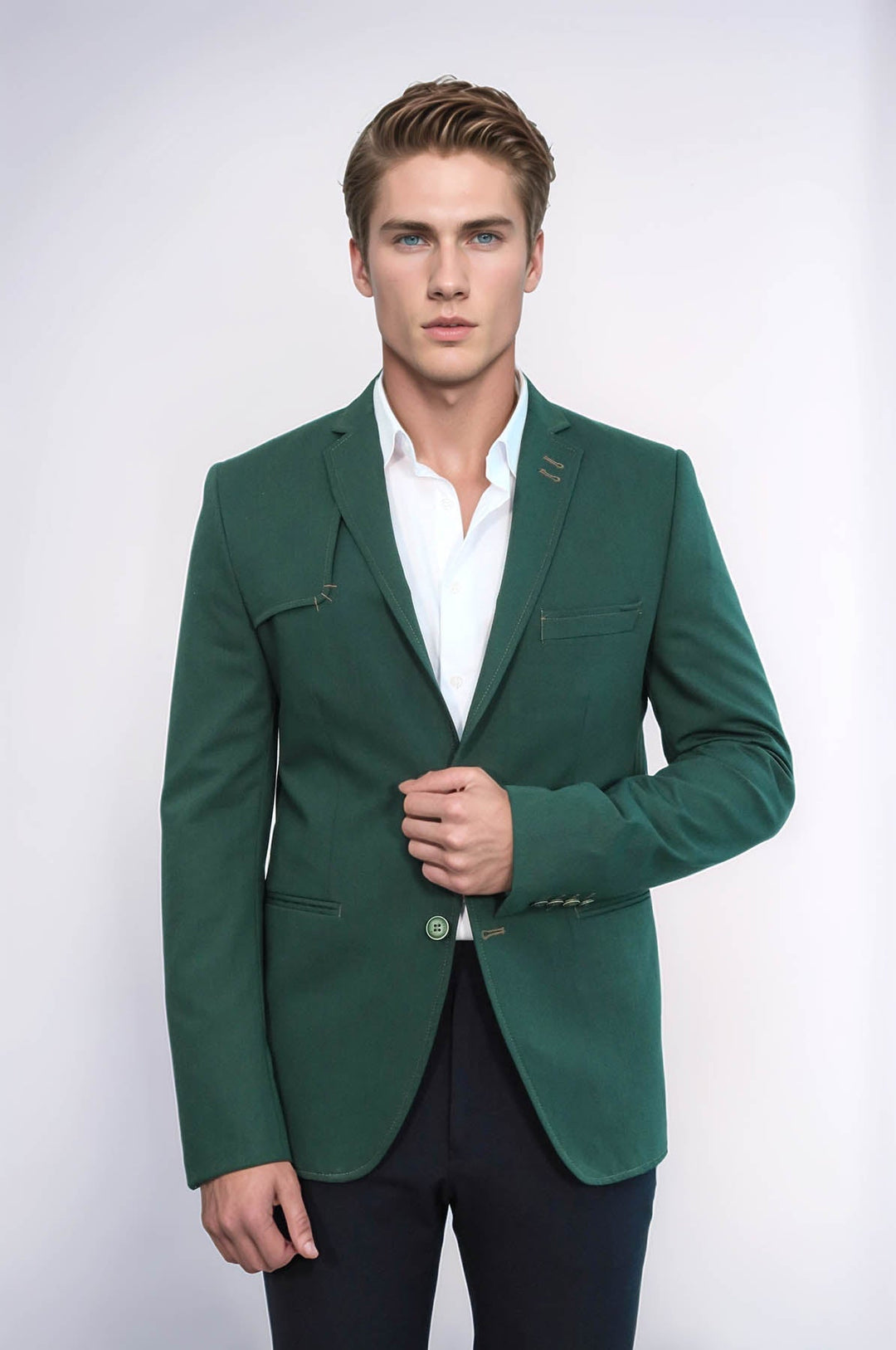 WSS Double Buttons Shoulder Piece Mono Lapel Green Jacket- - Grand Forks