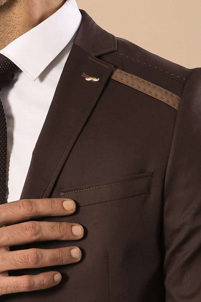 WSS Double Buttons Mono Lapel Shoulder Piece Brown Jacket- - Alba Iulia