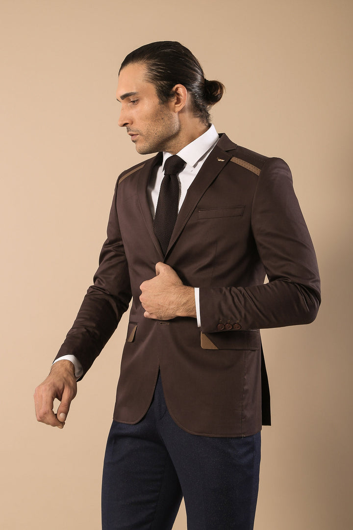 WSS Double Buttons Mono Lapel Shoulder Piece Brown Jacket- - Sudbury