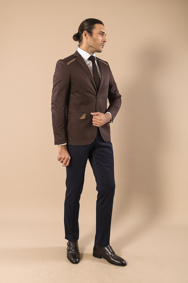 WSS Double Buttons Mono Lapel Shoulder Piece Brown Jacket- - Sudbury