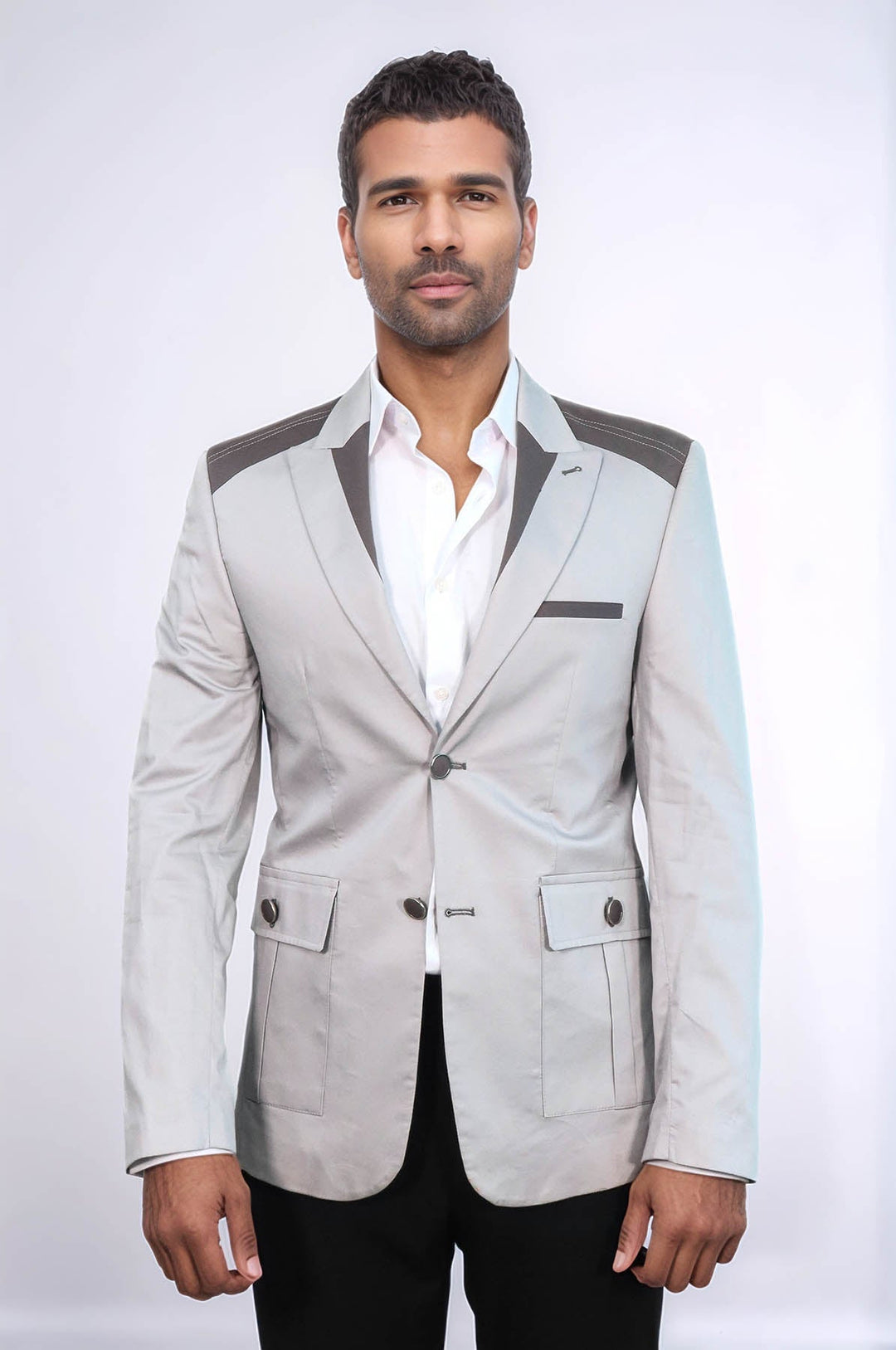 WSS Double Buttons Bag Pocket Shoulder Piece Grey Jacket- - Lárisa