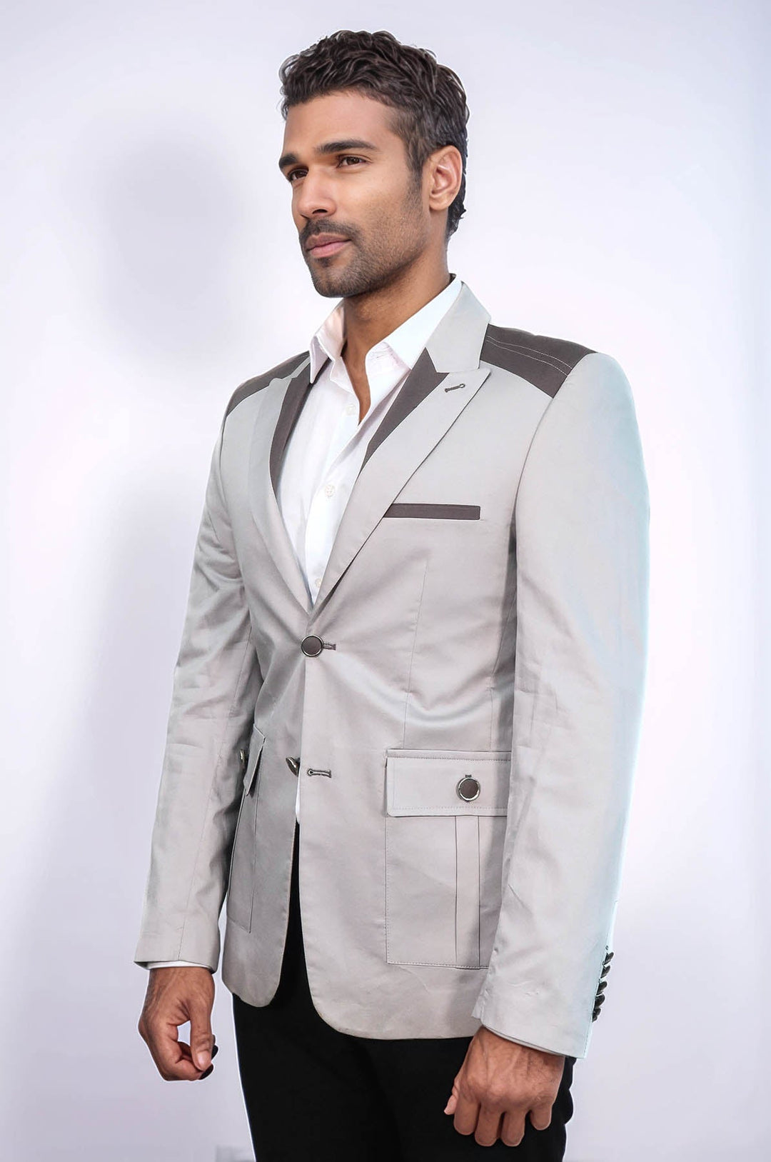 WSS Double Buttons Bag Pocket Shoulder Piece Grey Jacket- - Lárisa