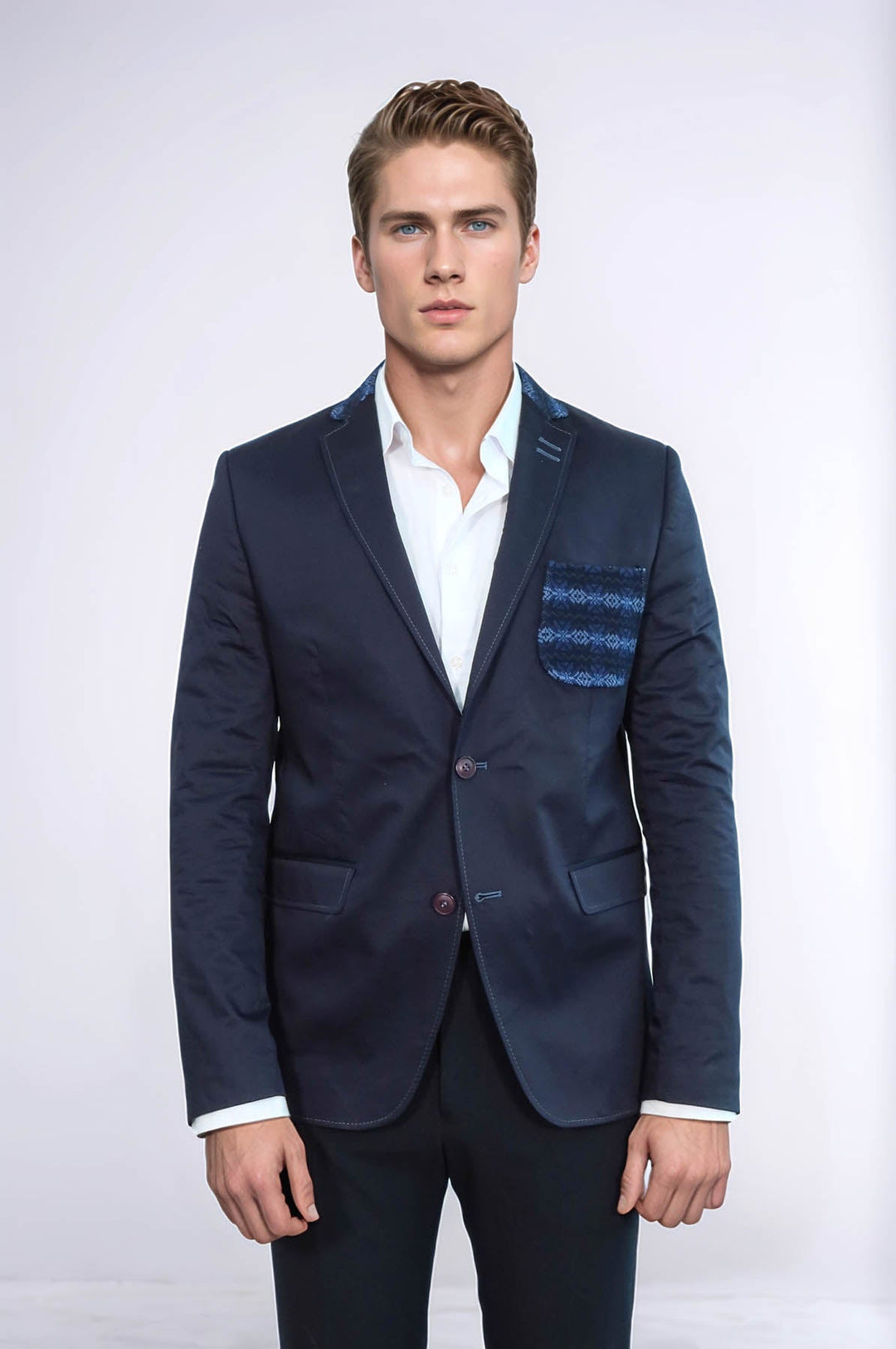 WSS Double Buttons Knit Collar Mono Lapel Navy Blue Jacket- - Boca del Rio