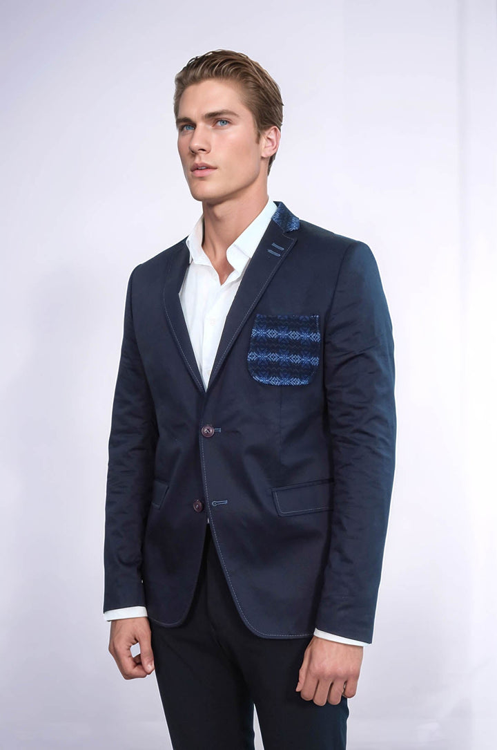 WSS Double Buttons Knit Collar Mono Lapel Navy Blue Jacket- - Boca del Rio