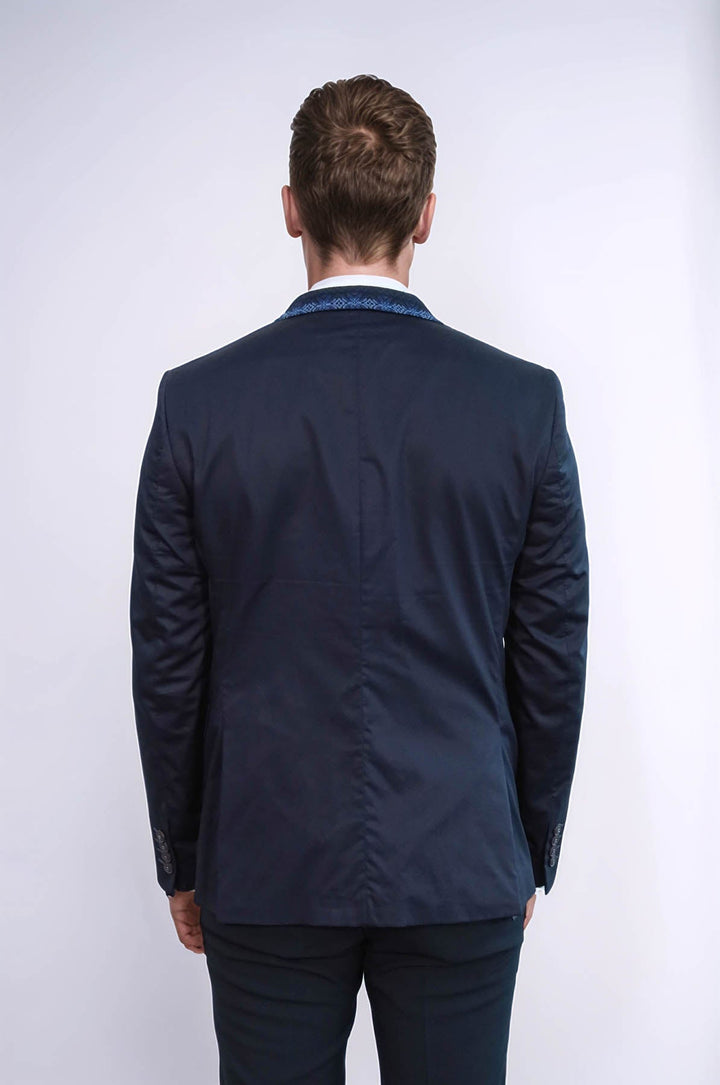 WSS Double Buttons Knit Collar Mono Lapel Navy Blue Jacket- - Boca del Rio