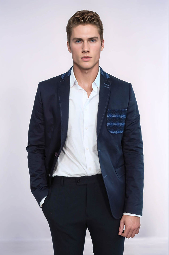 WSS Double Buttons Knit Collar Mono Lapel Navy Blue Jacket- - Boca del Rio
