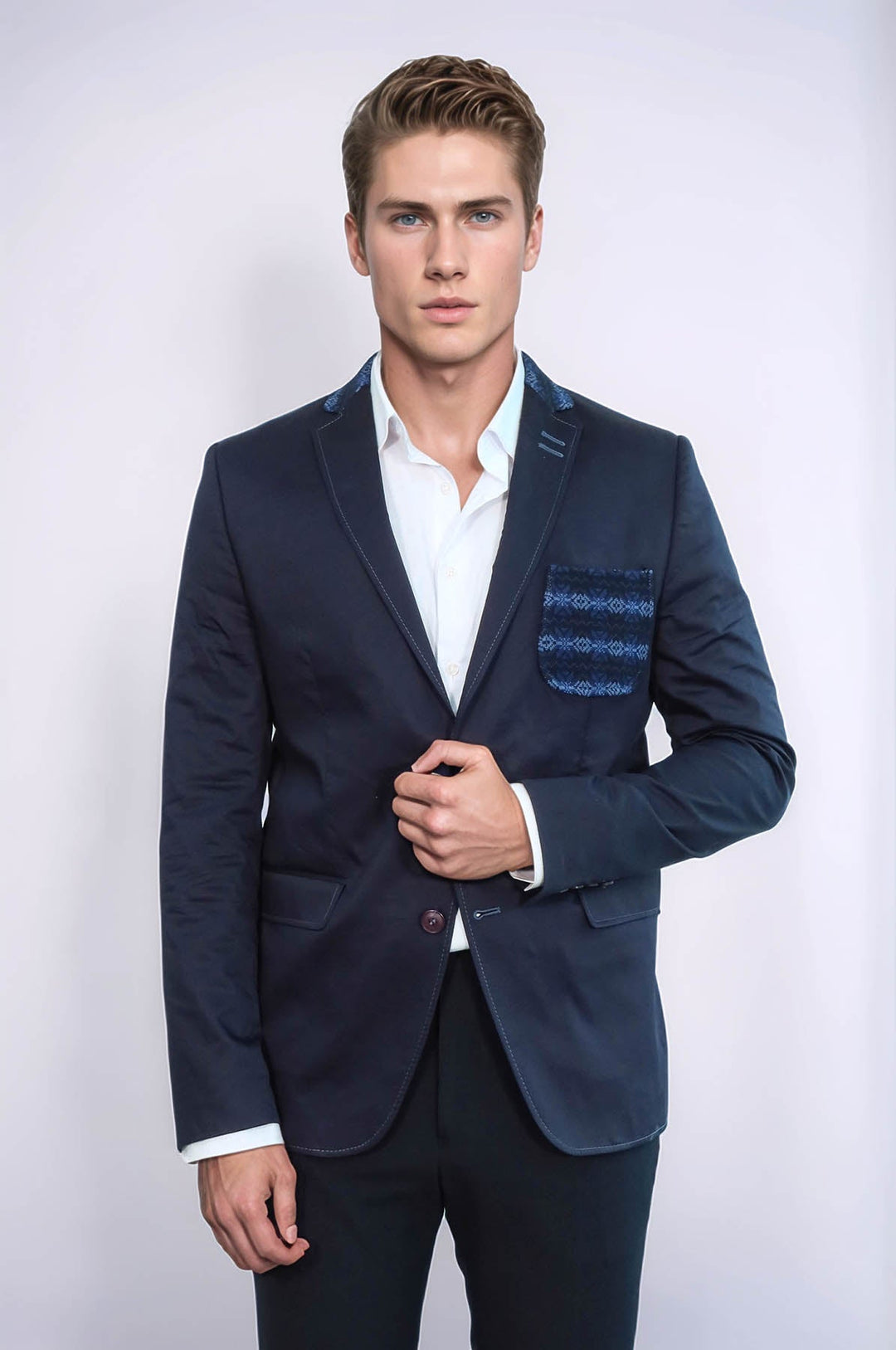 WSS Double Buttons Knit Collar Mono Lapel Navy Blue Jacket- - Boca del Rio